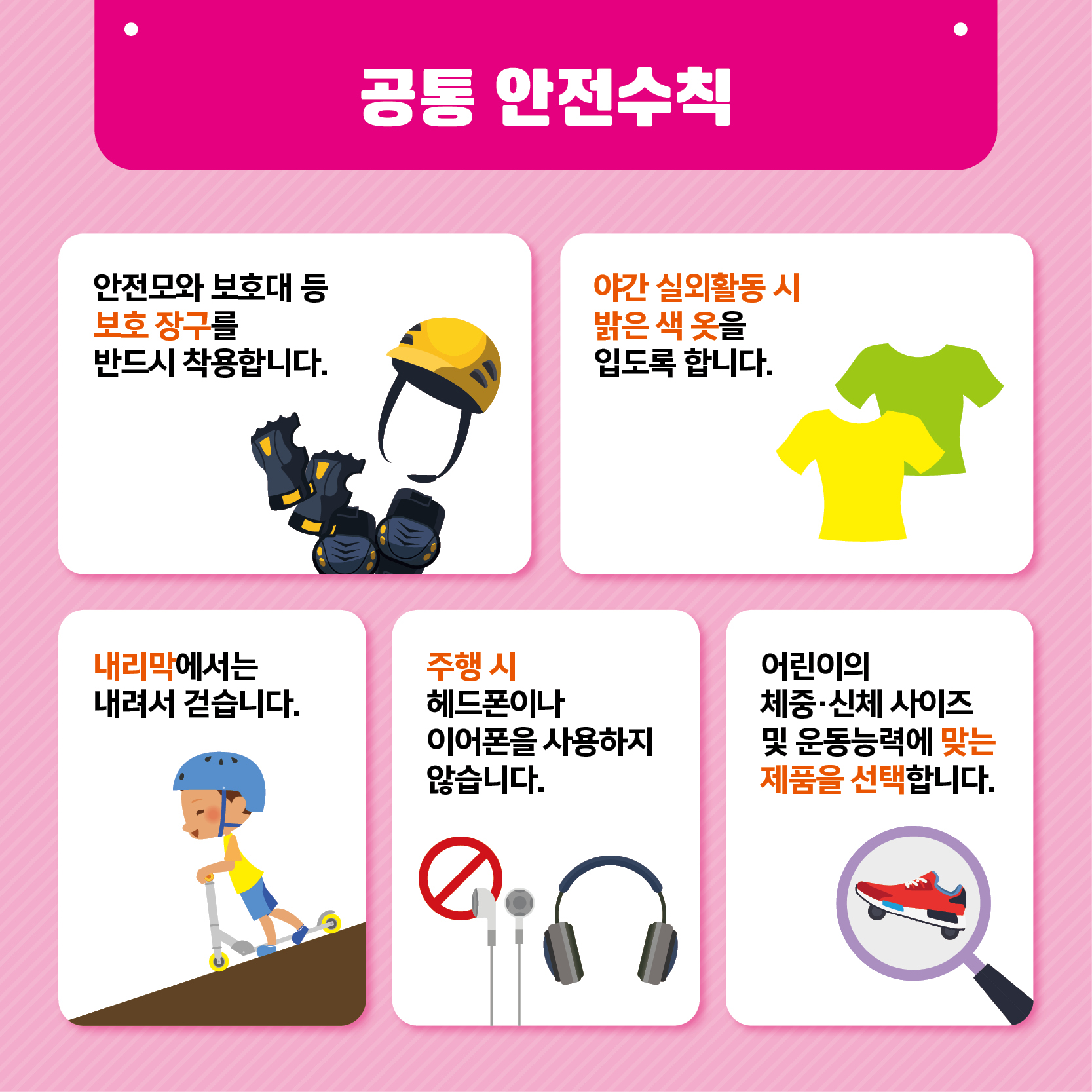 공통 안전수칙 안전모와 보호대 등 보호 장구를 반드시 착용합니다 야간 실외활동 시 밝은 색 옷을 입도록 합니다 내리막에서는 내려서 걷습니다 주행 시 헤드폰이나 이어폰을 사용하지 않습니다 어린이의 체중 신체 사이즈 및 운동능력에 맞는 제품을 선택합니다