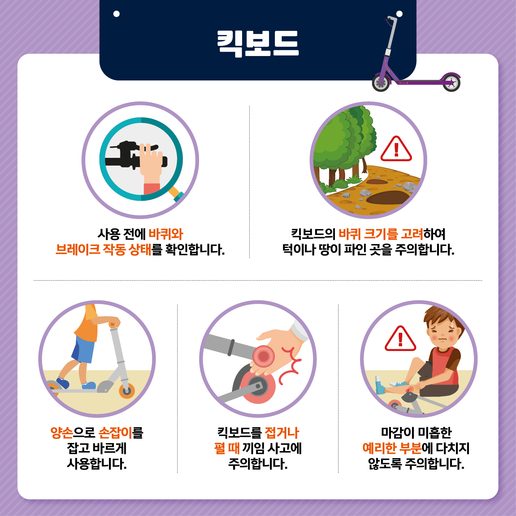 킥보드 사용 전에 바퀴와 브레이크 작동 상태를 확인합니다 킥보드의 바퀴 크기를 고려하여 턱이나 땅이 파인 곳을 주의합니다 양손으로 손잡이를 잡고 바르게 사용합니다 킥보드를 접거나 펼 때 끼임 사고에 주의합니다 마감이 미흡한 예리한 부분에 다치지 않도록 주의합니다