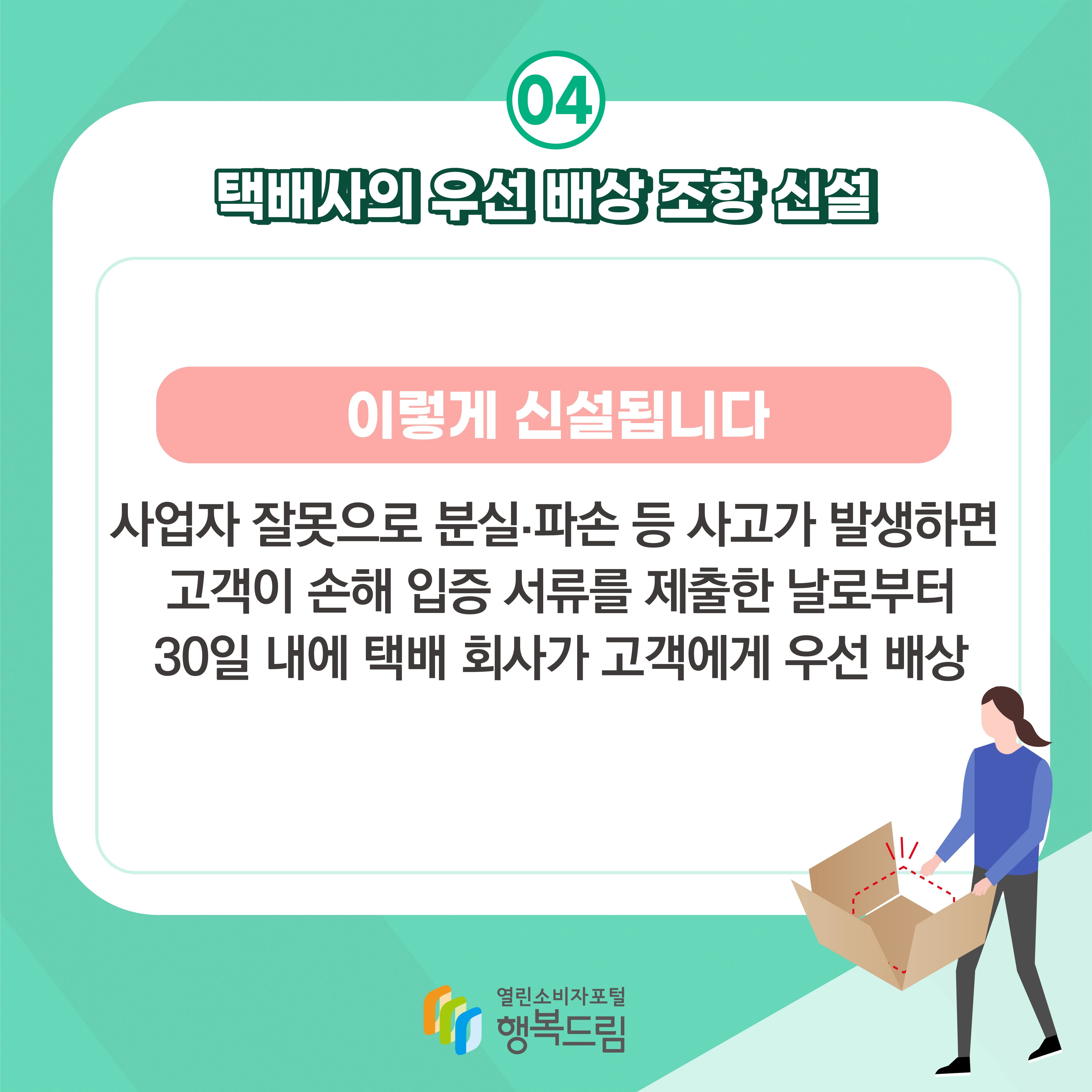 04 택배사의 우선 배상 조항 신설 이렇게 신설됩니다 사업자 잘못으로 분실 파손 등 사고가 발생하면 고객이 손해 입증 서류를 제출한 날로부터 30일 내에 택배 회사가 고객에게 우선 배상 행복드림 열린소비자포털