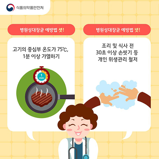 병원성대장균 예방법 셋! 고기의 중심부 온도가 75도씨, 1분이상 가열하기 병원성대장균 예방법 넷! 조리 및 식사 전 30초 이상 손씻기 등 개인 위생관리 철저