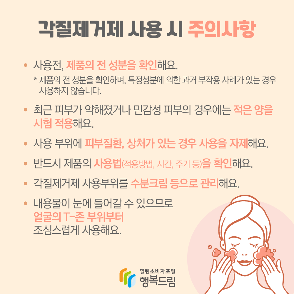 각질제거제 사용 시 주의사항 사용전 제품의 전 성분을 확인해요 제품의 전 성분의 확인하며 특정성분에 의한 과거 부작용 사례가 있는 경우 사용하지 않습니다 최근 피부가 약해졌거나 민감성 피부의 경우에는 적은 양을 시험 적용해요 사용 부위에 피부질환 상처가 있는 경우 사용을 자제해요 반드시 제품이 사용법 적용방법 시간 주기등을 확인해요 각질제거제 사용부위를 수분크림 등으로 관리해요 내용물이 눈에 들어갈 수 있으므로 얼굴의 T존 부위부터 조심스럽게 사용해요 행복드림 열린소비자포털