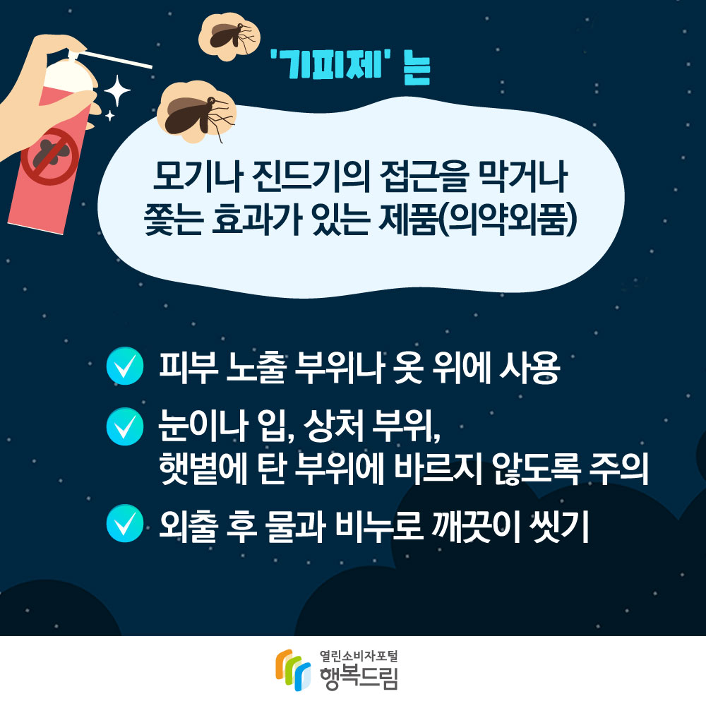 기피제는 모기나 진드기의 접근을 막거나 쫓는 효과가 있는 제품(의약외품) 피부 노출 부위나 옷 위에 사용 눈이나 입 상처 부위 햇볕에 탄 부위에 바르지 않도록 주의 외출 후 물과 비누로 깨끗이 씻기 행복드림 열린소비자포털