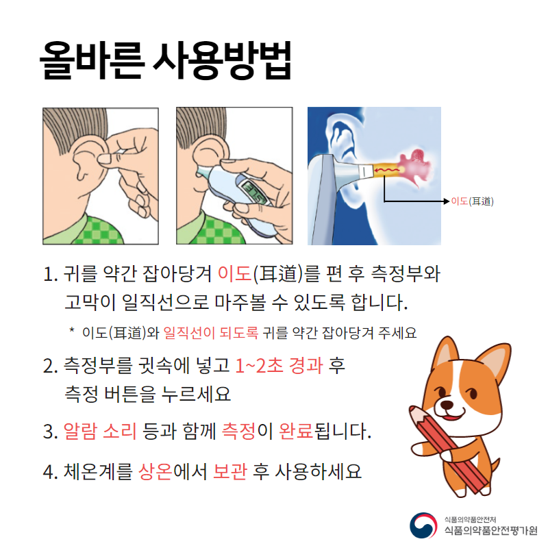 올바른 사용방법 1. 귀를 약간 잡아당겨 이도를 편 후 측정부와 고막이 일직선으로 마주볼 수 있도록 합니다. 2. 측정부를 귓속에 넣고 1~2초 경과 후 측정 버튼을 누르세요 3. 알람 소리 등과 함께 측정이 완료됩니다. 4. 체온계를 상온에서 보관 후 사용하세요.