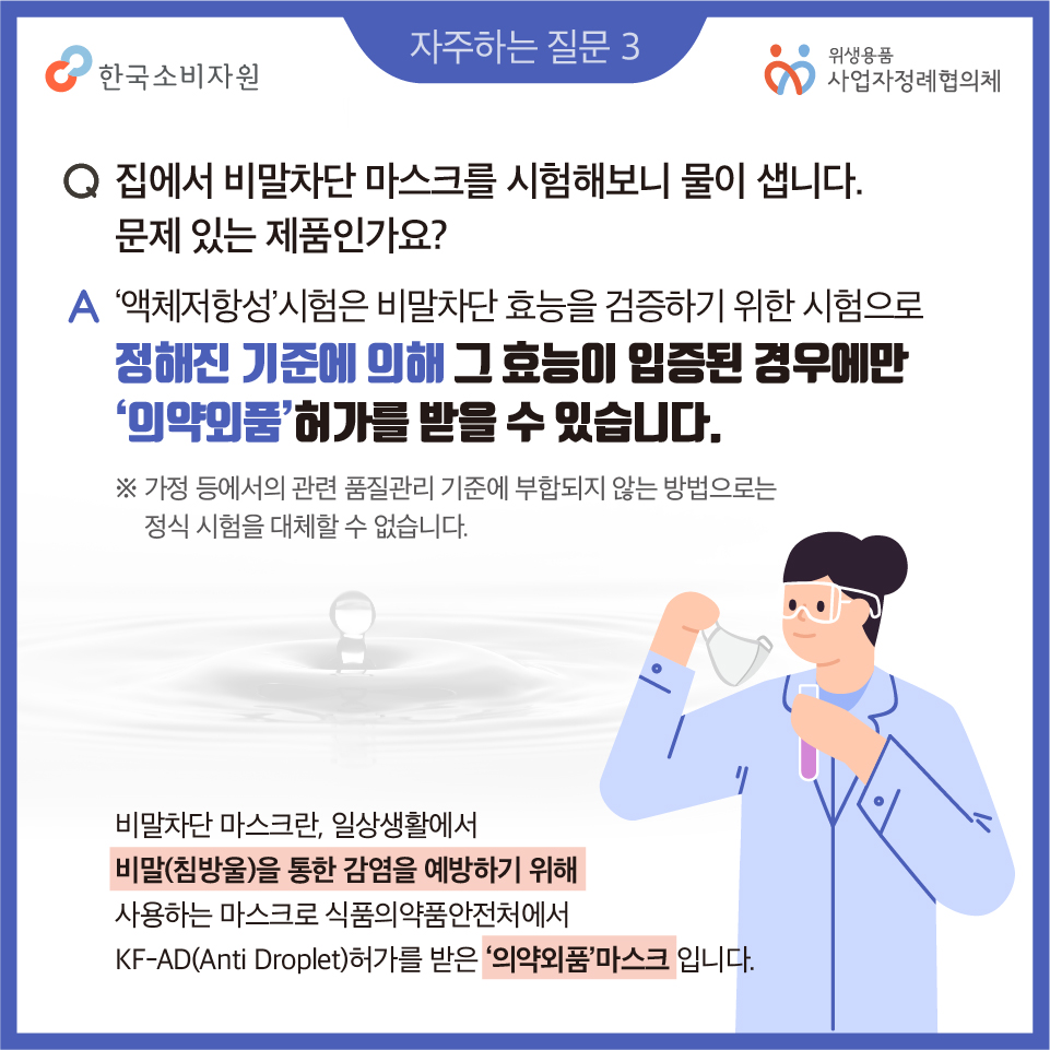 자주하는 질문3 Q. 집에서 비말차단 마스크를 시험해보니 물이 샙니다. 문제가 있는 제품인가요? A.액체저항성 시험은 비말차단 효능을 검증하기 위한 시험으로 정해진 기준에 의해 그 효능이 입증된 경우에만 의약외품 허가를 받을 수 있습니다. 가정 등에서의 관련 품질관리 기준에 부합하지 않는 방법으로는 정식시험을 대체할 수 없습니다. 비말차단 마스크란 일상생활에서 비말(침방울)을 통한 감염을 예방하기 위해 사용하는 마스크로 식품의약품안전처에서 KF-AD허가를 받은 의약외품 마스크입니다. 한국소비자원 위생용품 사업자정례협의체