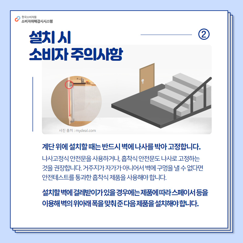 2설치 시 소비자 주의사항 계단 위에 설치할 때는 반드시 벽에 나사를 박아 고정합니다. 나사고정식 안전문을 사용하거나, 흡착식 안전문도 나사로 고정하는 것을 권장합니다. 거주지가 자가가 아니어서 벽에 구멍을 낼 수 없다면 안전테스트를 통과한 흡착식 제품을 사용해야 합니다. 설치할 벽에 걸레받이가 있을 경우에는 제품에 따라 스페이서 등을 이용해 벽의 위아래 폭을 맞춰 준 다음 제품을 설치해야 합니다. 행복드림 한국소비자원 소비자위해감시시스템