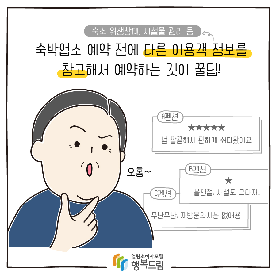 숙박업소 예약 전에 다른 이용객 정보(숙소 위생상태, 시설물 관리 등)를 참고해서 예약하는 것이 꿀팁!