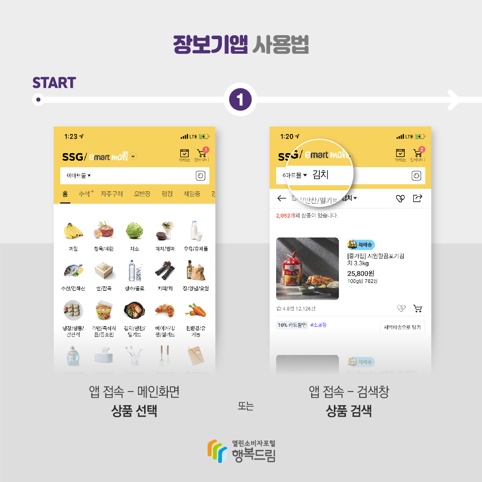장보기앱 사용법 START 1 앱 접속 - 메인화면 상품 선택, 앱 접속 - 검색창 상품 검색