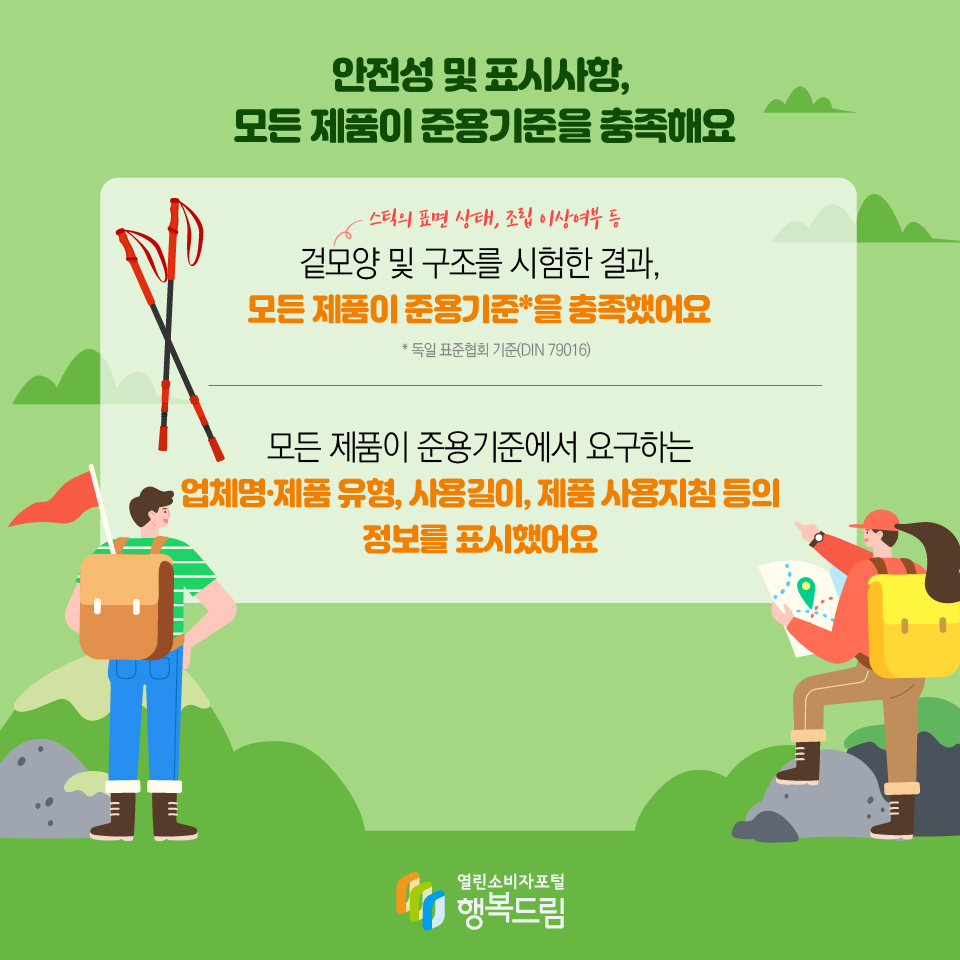 안전성 및 표시사항, 모든 제품이 준용기준을 충족해요 겉모양(스틱의 표면 상태, 조립 이상여부 등) 및 구조를 시험한 결과, 모든 제품이 준용기준*을 충족했어요 * 독일 표준협회 기준(DIN 79016) 모든 제품이 준용기준에서 요구하는 업체명·제품 유형, 사용길이, 제품 사용지침 등의 정보를 표시했어요 