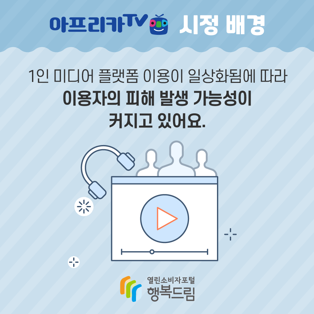 아프리카TV 시정 배경  1인 미디어 플랫폼 이용이 일상화됨에 따라 이용자의 피해발생 가능성이 커지고 있어요 공정거래위원회 행복드림 열린소비자포털