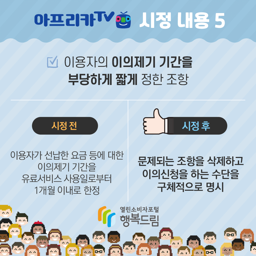 아프리카tv 시정 내용5 이용자의 이의제기 기간을 부당하게 짧게 정한 조항 시정 전 이용자가 선납한 요금 등에 대한 이의제기 기간을 유료서비스 사용일로부터 1개월 이내로 한정 시정 후 문제되는 조항을 삭제하고 이의신청을 하는 수단을 구체적으로 명시 공정거래위원회 행복드림 열린소비자포털