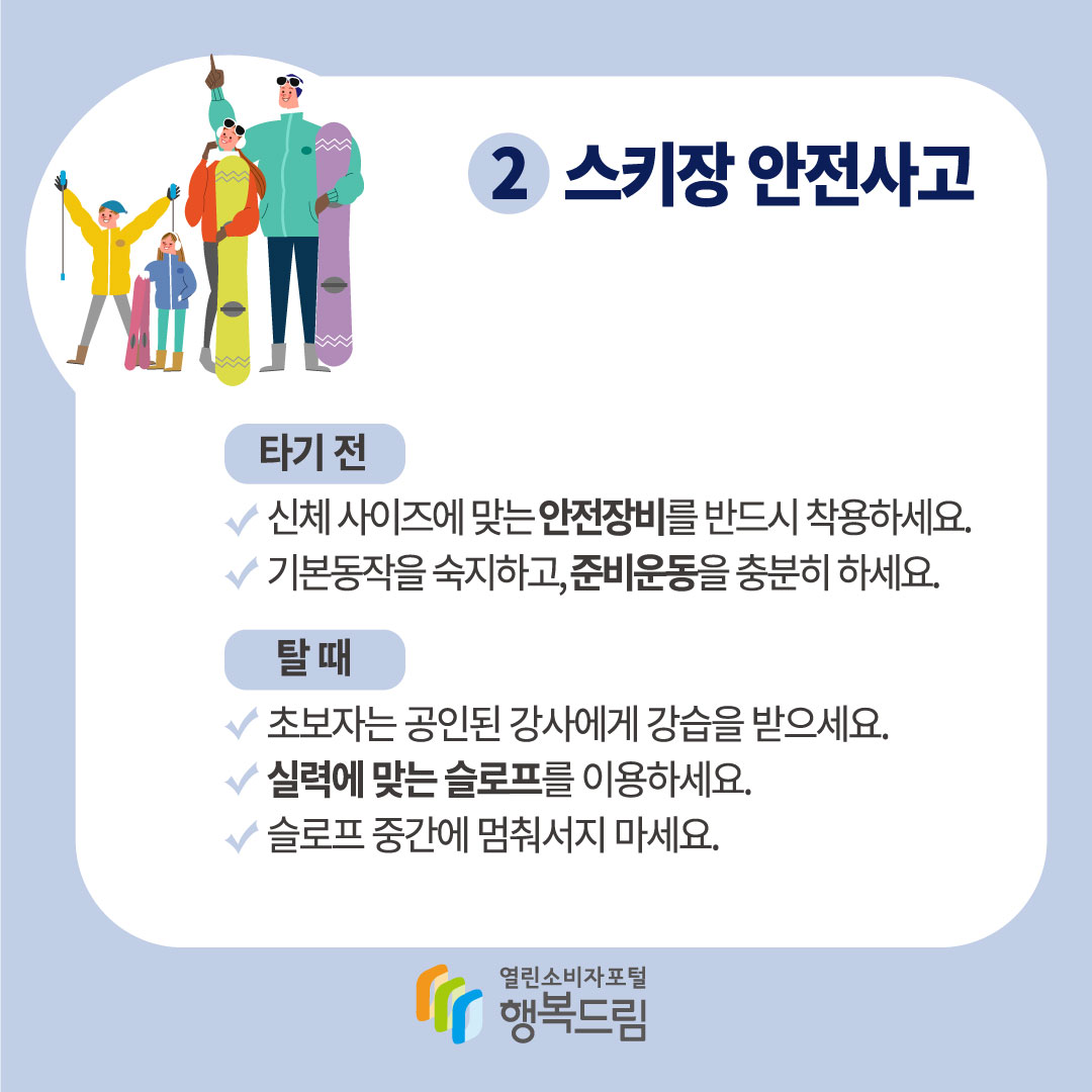 2. 스키장 안전사고 타기 전 신체 사이즈에 맞는 안전장비를 반드시 착용하세요. 기본동작을 숙지하고, 준비운동을 충분히 하세요. 탈 때 초보자는 공인된 강사에서 강습을 받으세요. 실력에 맞는 슬로프를 이용하세요. 슬로프 중간에 멈춰서지 마세요.