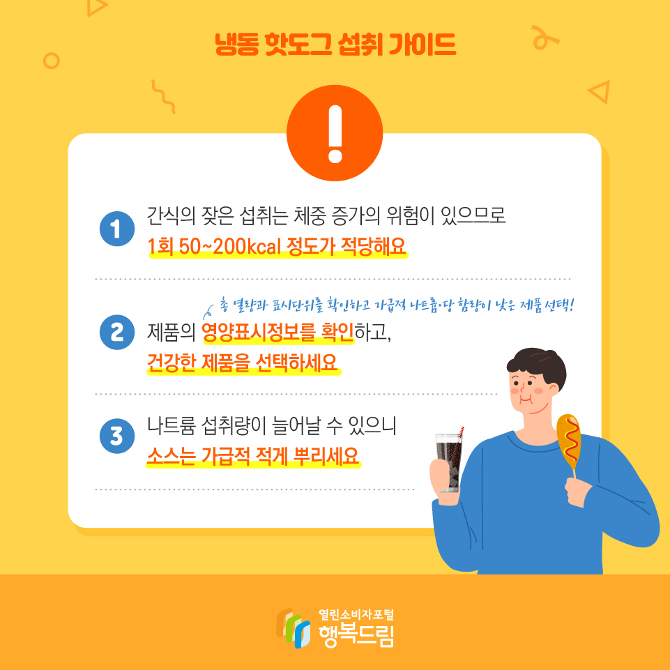 냉동 핫도그 섭취 가이드 1 간식의 잦은 섭취는 체중 증가의 위험이 있으므로 1회 50~200kcal 정도가 적당해요 2 제품의 영양표시정보를 확인하고, 건강한 제품을 선택하세요 - 총 열량과 표시단위를 확인하고 가급적 나트륨·당 함량이 낮은 제품 선택! 3 나트륨 섭취량이 늘어날 수 있으니 소스는 가급적 적게 뿌리세요 