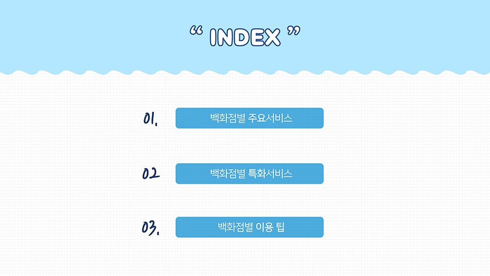  “INDEX” 01. 백화점별 주요서비스 02. 백화점별 특화서비스 03. 백화점별 이용 팁