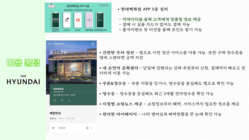 이용 꿀팁-3 현대백화점 현대백화점 APP 5종 설치 – 빅데이터를 통해 고객에게 맞춤형 정보 제공/결제 시 실물 카드가 없어도 결제 가능/출석이벤트 및 미션을 통해 포인트 쌓기 가능 간편한 주차 정산 – 앱으로 사전 정산 서비스를 이용 가능. 또한 구매 영수증을 앱에 스캔하면 금액 차감 내 손안의 문화센터 – 당일에 진행되는 강좌 추천부터 신청, 결제까지 빠르고 편리하게 이용 가능 쿠폰&영수증 – 쿠폰 지참을 잊거나, 영수증을 분실해도 앱으로 확인 가능 영수증 – 영수증을 분실해도 최근 3개월 전자영수증 확인 가능 지점별 쇼핑뉴스 제공 – 쇼핑정보부터 혜택, 서비스까지 필요한 정보를 제공 편리한 마이페이지 – 나의 멤버십과 혜택현황을 한 눈에 확인 가능