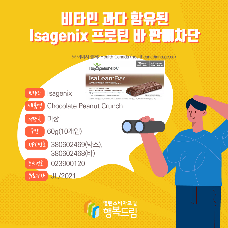 비타민 과다 함유된 Isagenix 프로틴 바 판매차단  브랜드 Isagenix 제품명 Chocolate Peanut Crunch 제조국 미상 중량 60g(10개입) UPC번호 380602469(박스), 380602468(바) 로트번호 023900120 유효기간 JL/2021 