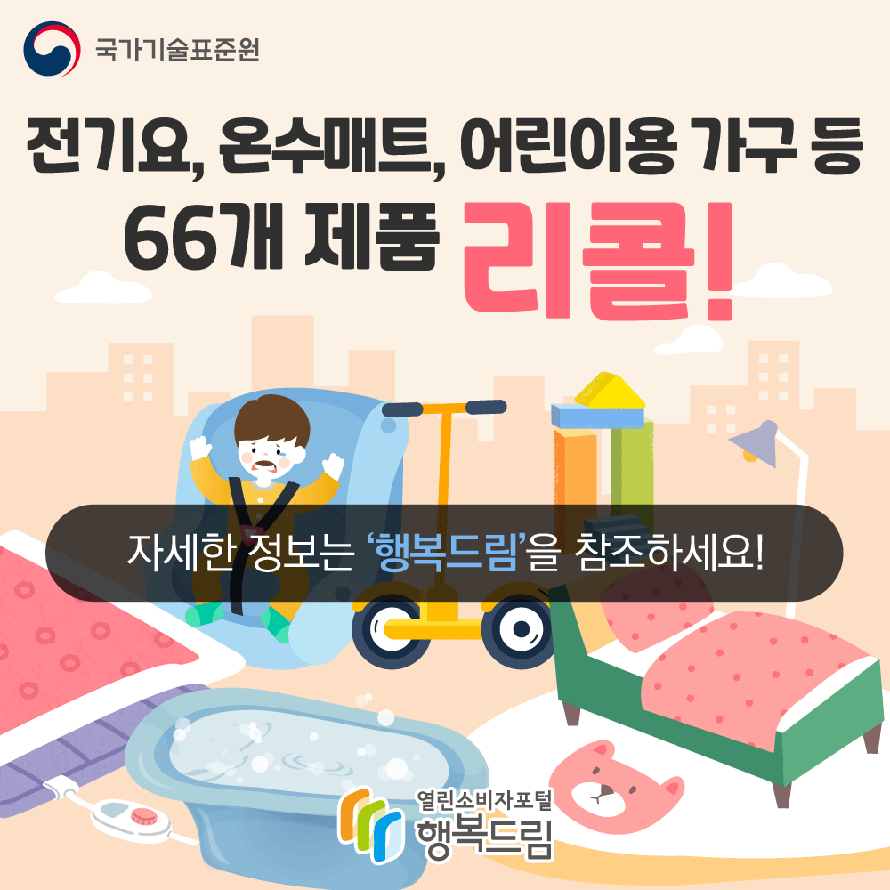 전기요,온수매트,어린이용 가구 등 66개 제품 리콜! 자세한 정보는 행복드림을 참조하세요!