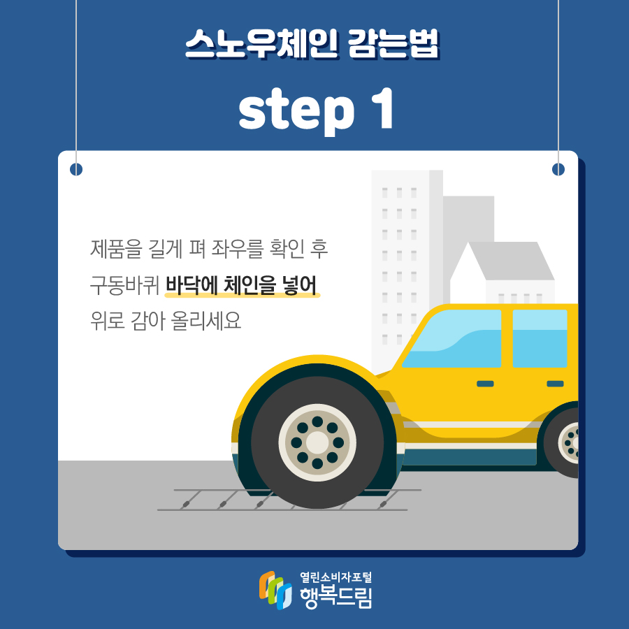 스노우체인 감는법 step 1 제품을 길게 펴 좌우를 확인 후 구동바퀴 바닥에 체인을 넣어 위로 감아 올리세요