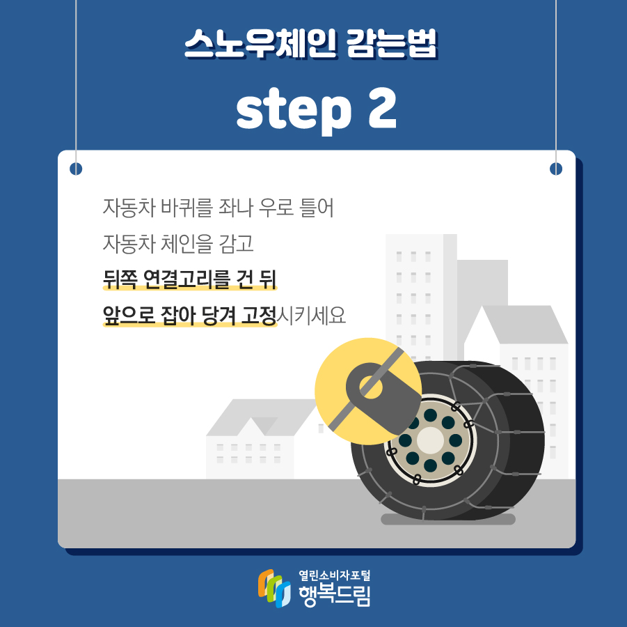 스노우체인 감는법 step 2 자동차 바퀴를 좌나 우로 틀어 자동차 체인을 감고 뒤쪽 연결고리를 건 뒤 앞으로 잡아 당겨 고정시키세요