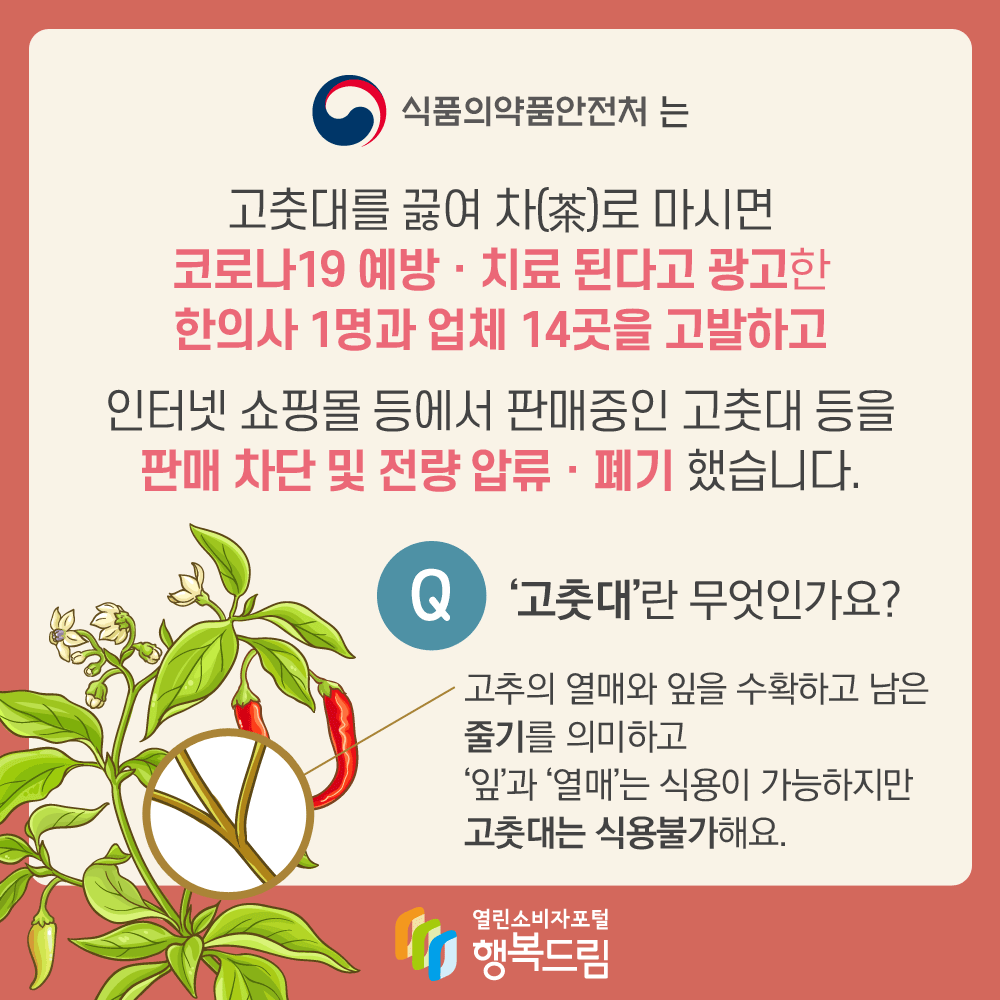 식품의약품안전처는 고춧대를 끓여 차로 마시면 코로나19 예방·치료된다고 광고한 한의사 1명과 업체 14곳을 고발하고 인터넷 쇼핑몰 등에서 판매중인 고춧대 등을 판매 차단 및 전량 압류·폐기했습니다. Q. 고춧대란 무엇인가요? 고추의 열매와 잎을 수확하고 남은 줄기를 의미하고 잎과 열매는 식용이 가능하지만 고춧대는 식용불가해요