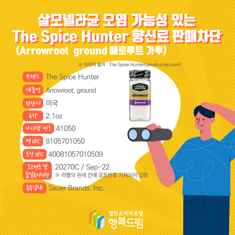 살모넬라균 오염 가능성 있는 The Spice Hunter 향신료(Arrowroot  ground 애로루트 가루) 판매차단 브랜드  The Spice Hunter  제품명  Arrowroot, ground 용량 2.1oz 아이템 번호  41050 병 UPC 8105701050 포장 UPC  40081057010509 로트번호 및 품질유지기한 20270C / Sep-22  ※ 라벨의 흰색 칸에 로트번호 기재되어 있음 유통업체  Sauer Brands, Inc.  원산지  미국 ※ 이미지 출처 : The Spice Hunter(spicehunter.com)