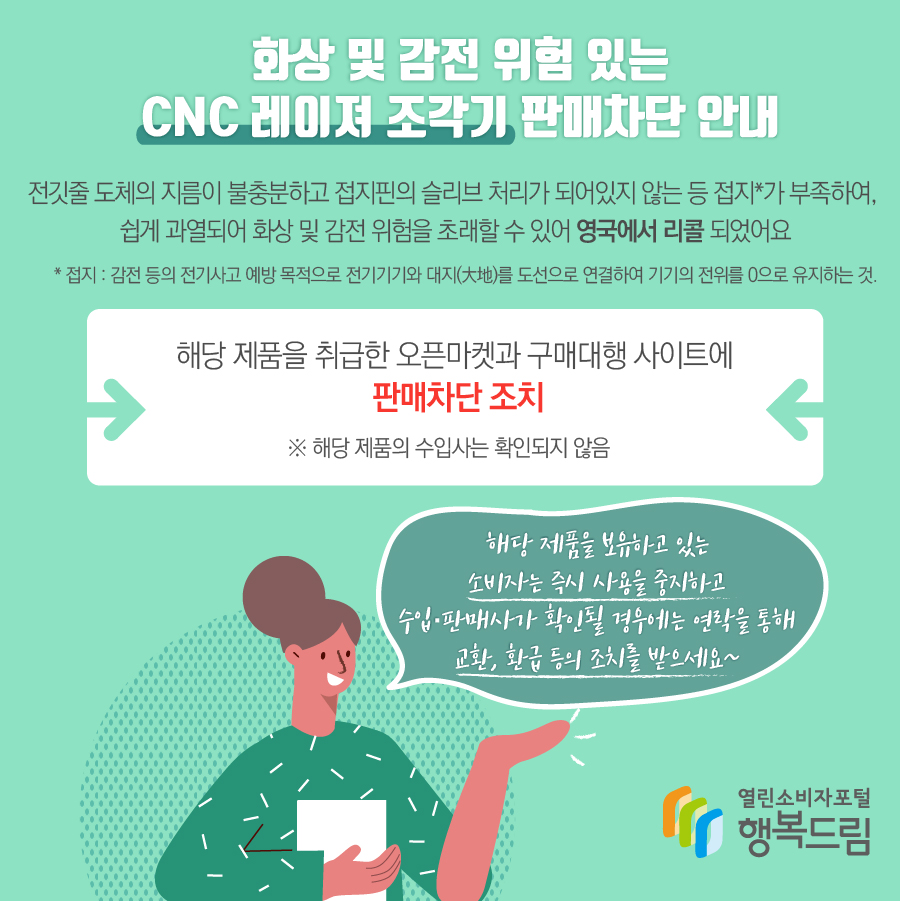 화상 및 감전 위험 있는 CNC 레이져 조각기 판매차단 안내 해당 제품은 전깃줄 도체의 지름이 불충분하고 접지핀의 슬리브 처리가 되어있지 않는 등 접지*가 부족하여, 쉽게 과열되어 화상 및 감전 위험을 초래할 수 있어 영국에서 리콜됨    * 접지 : 감전 등의 전기사고 예방 목적으로 전기기기와 대지(大地)를 도선으로 연결하여 기기의 전위를 0으로 유지하는 것.  - 해당 제품을 취급한 오픈마켓과 구매대행 사이트에 판매 차단 조치   ※ 해당 제품의 수입사는 확인되지 않음    - 해당 제품을 보유하고 있는 소비자는 즉시 사용을 중지할 것  - 수입·판매사가 확인될 경우에는 연락을 통해 교환, 환급 등의 조치를 문의할 것