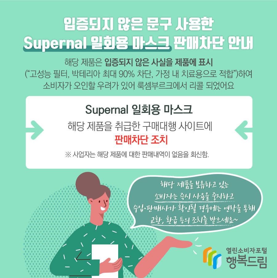 입증되지 않은 문구 사용한 Supernal 일회용 마스크 판매차단 안내 해당 제품은 입증되지 않은 사실을 제품에 표시 (“고성능 필터, 박테리아 최대 90% 차단, 가정 내 치료용으로 적합”)하여 소비자가 오인할 우려가 있어 룩셈부르크에서 리콜 되었어요 Supernal 일회용 마스크 해당 제품을 취급한 구매대행 사이트에 판매차단 조치 ※ 사업자는 해당 제품에 대한 판매내역이 없음을 회신함. 해당 제품을 보유하고 있는 소비자는 즉시 사용을 중지하고 수입·판매사가 확인될 경우에는 연락을 통해 교환, 환급 등의 조치를 받으세요~ 