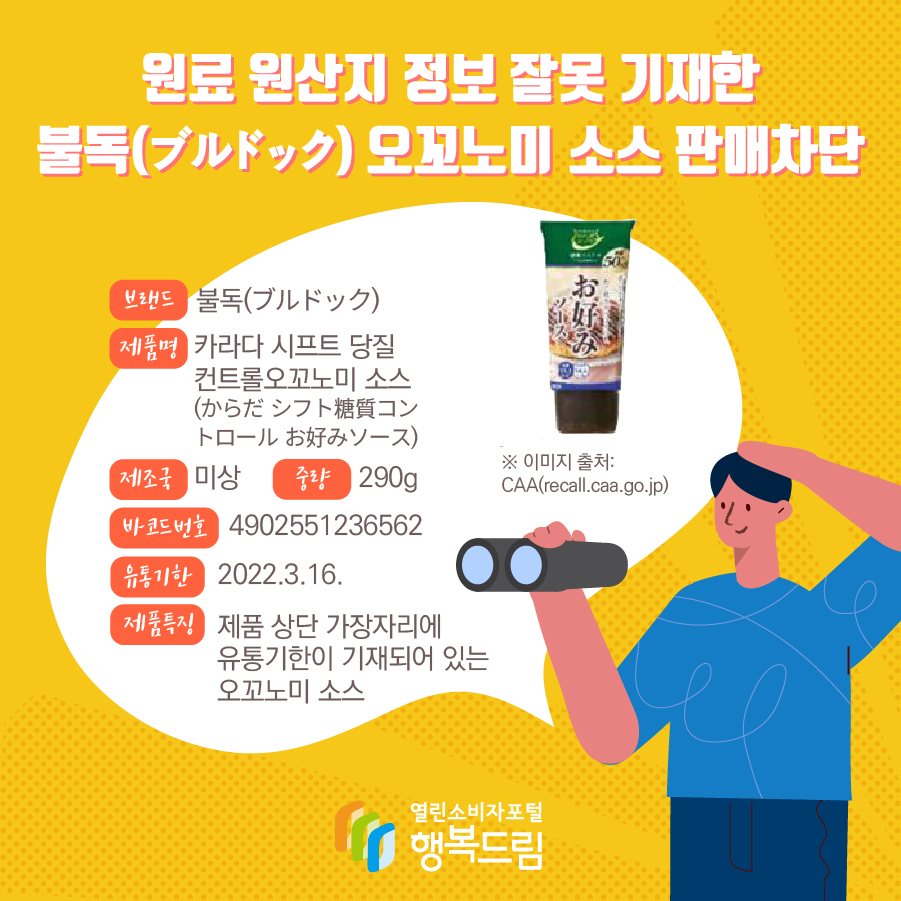 원료 원산지 정보 잘못 기재한 불독(ブルドック) 오꼬노미 소스 판매차단 브랜드 불독(ブルドック) 제품명 카라다 시프트 당질 컨트롤오꼬노미 소스 (からだ シフト糖質コントロ?ル お好みソ?ス) 제조국 미상 중량 290g 바코드번호 4902551236562 유통기한 2022.3.16. 제품특징 제품 상단 가장자리에 유통기한이 기재되어 있는 오꼬노미 소스 ※ 이미지 출처: CAA(recall.caa.go.jp)