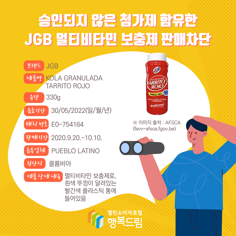 승인되지 않은 첨가제 함유한 JGB 멀티비타민 보충제 판매차단 브랜드 JGB 제품명 KOLA GRANULADA TARRITO ROJO 용량 330g 유효기간 30/05/2022(일/월/년) 배치 번호 E0-754164 판매기간 2020.9.20.~10.10. 유통업체 PUEBLO LATINO 원산지 콜롬비아 제품 상세 내용 멀티비타민 보충제로, 흰색 뚜껑이 달려있는 빨간색 플라스틱 통에 들어있음 ※ 이미지 출처 : AFSCA(favv-afsca.fgov.be) 