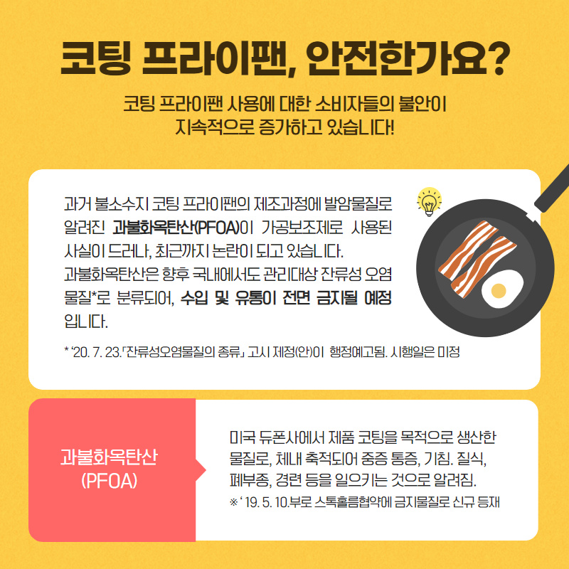 코팅 프라이팬, 안전한가요? 코팅 프라이팬 사용에 대한 소비자들의 불안이 지속적으로 증가하고 있습니다. 과거 불소수지 코팅 프라이팬의 제조과정에 발암물질로 알려진 과불화옥탄산이 가공보조제로 사용된 사실이 드러나 최근까지 논란이 되고 있습니다. 과불화옥탄산은 향후 국내에서도 관리대상 잔류성 오염 물질로 불류되어 수입 및 유통이 전문 금지될 예정입니다. 과불화옥탄산 PFOA 미국 듀폰사에서 제품 코팅을 목적으로 생산한 물질로, 체내 축적되어 중증 통증, 기침, 질식, 폐부종, 경련 등을 일으키는 것으로 알려짐. 2019년 5월 10일부로 스톡홀름협약에 금지물질로 신규 등재