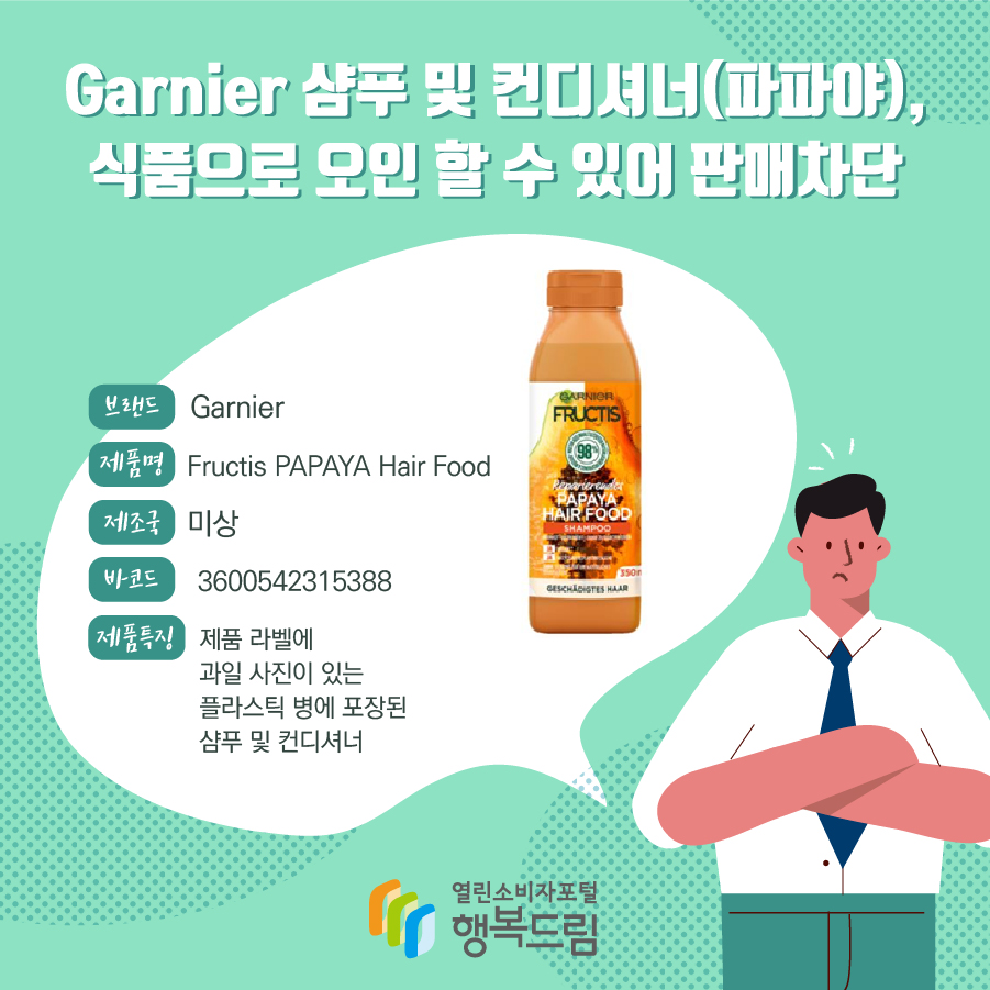 Garnier 샴푸 및 컨디셔너(파파야), 식품으로 오인 할 수 있어 판매차단 브랜드 Garnier 제품명 Fructis PAPAYA Hair Food 제조국 미상 바코드 3600542315388 제품특징 제품 라벨에 과일 사진이 있는 플라스틱 병에 포장된 샴푸 및 컨디셔너 