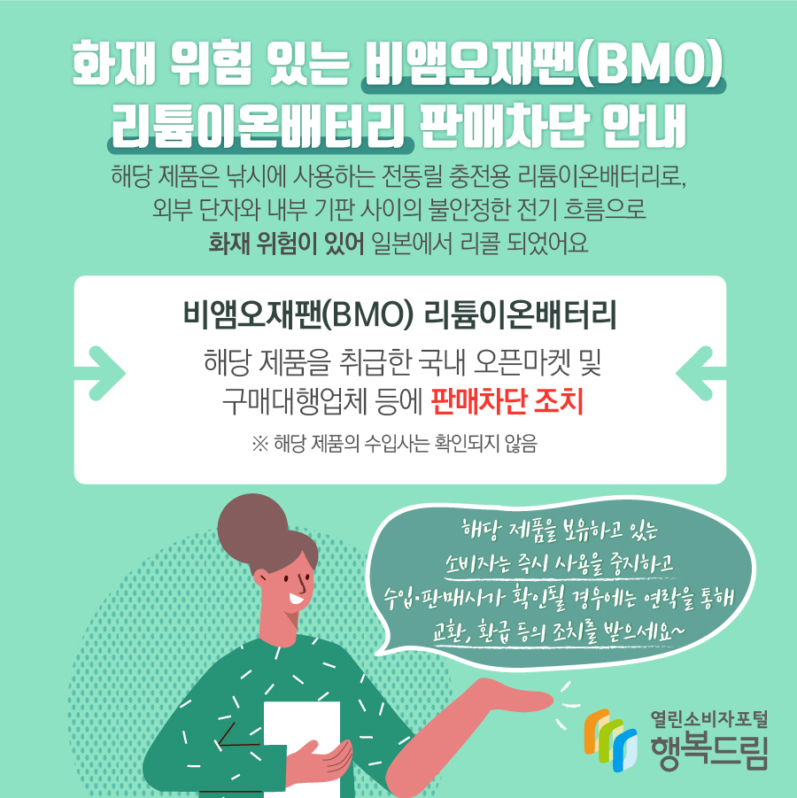 화재 위험 있는 비앰오재팬(BMO) 리튬이온배터리 판매차단 안내 해당 제품은 낚시에 사용하는 전동릴 충전용 리튬이온배터리로, 외부 단자와 내부 기판 사이의 불안정한 전기 흐름으로 화재 위험이 있어 일본에서 리콜 되었어요 비앰오재팬(BMO) 리튬이온배터리 해당 제품을 취급한 국내 오픈마켓 및 구매대행업체 등에 판매차단 조치 ※ 해당 제품의 수입사는 확인되지 않음 해당 제품을 보유하고 있는 소비자는 즉시 사용을 중지하고 수입·판매사가 확인될 경우에는 연락을 통해 교환, 환급 등의 조치를 받으세요~