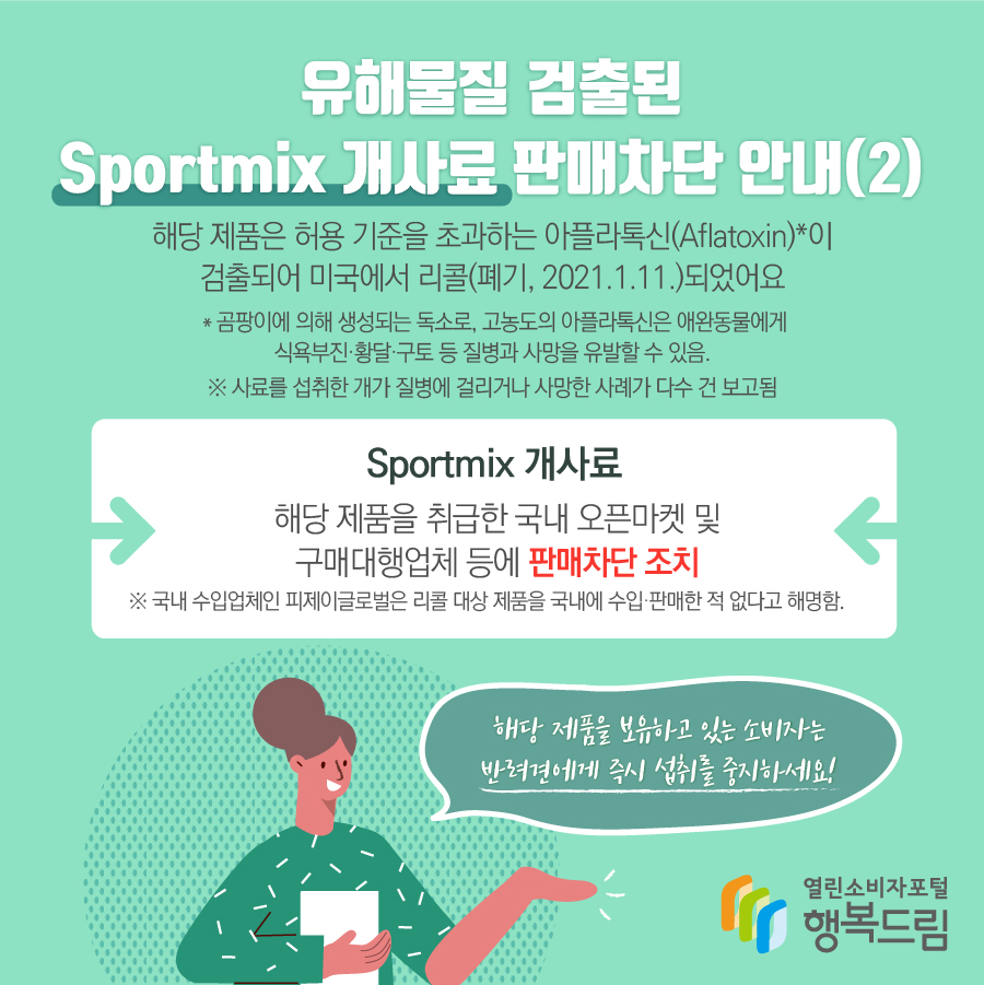 유해물질 검출된 Sportmix 개사료 판매차단 안내(2) 해당 제품은 허용 기준을 초과하는 아플라톡신(Aflatoxin)*이 검출되어 미국에서 리콜(폐기, 2021.1.11.)되었어요 ＊곰팡이에 의해 생성되는 독소로, 고농도의 아플라톡신은 애완동물에게 식욕부진·황달·구토 등 질병과 사망을 유발할 수 있음. ※ 사료를 섭취한 개가 질병에 걸리거나 사망한 사례가 다수 건 보고됨 Sportmix 개사료 해당 제품을 취급한 국내 오픈마켓 및 구매대행업체 등에 판매차단 조치 ※ 국내 수입업체인 피제이글로벌은 리콜 대상 제품을 국내에 수입·판매한 적 없다고 해명함.  해당 제품을 보유하고 있는 소비자는 반려견에게 즉시 섭취를 중지하세요!