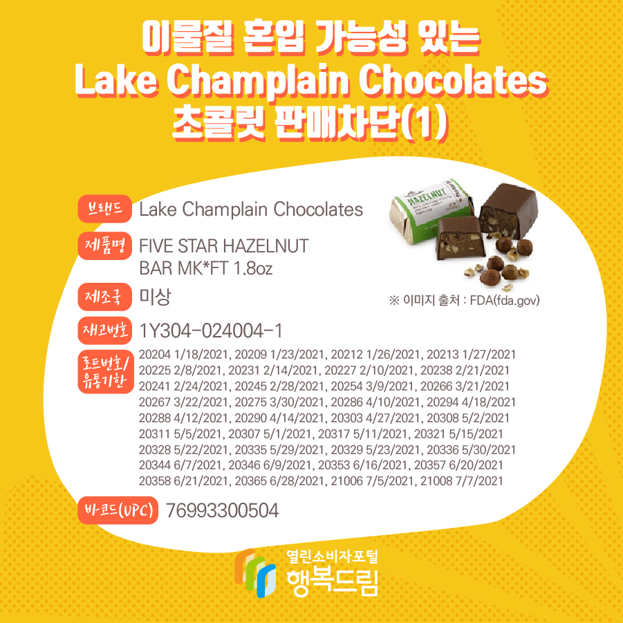 이물질 혼입 가능성 있는 Lake Champlain Chocolates 초콜릿 판매차단 안내(1)  브랜드 Lake Champlain Chocolates 제품명 FIVE STAR HAZELNUT BAR MK*FT 1.8oz 제조국 미상 재고번호 1Y304-024004-1 로트번호 / 유통기한 20204 1/18/2021, 20209 1/23/2021, 20212 1/26/2021, 20213 1/27/2021 20225 2/8/2021, 20231 2/14/2021, 20227 2/10/2021, 20238 2/21/2021 20241 2/24/2021, 20245 2/28/2021, 20254 3/9/2021, 20266 3/21/2021 20267 3/22/2021, 20275 3/30/2021, 20286 4/10/2021, 20294 4/18/2021 20288 4/12/2021, 20290 4/14/2021, 20303 4/27/2021, 20308 5/2/2021 20311 5/5/2021, 20307 5/1/2021, 20317 5/11/2021, 20321 5/15/2021 20328 5/22/2021, 20335 5/29/2021, 20329 5/23/2021, 20336 5/30/2021 20344 6/7/2021, 20346 6/9/2021, 20353 6/16/2021, 20357 6/20/2021 20358 6/21/2021, 20365 6/28/2021, 21006 7/5/2021, 21008 7/7/2021 바코드(UPC) 76993300504 ※ 이미지 출처 : FDA(fda.gov) 