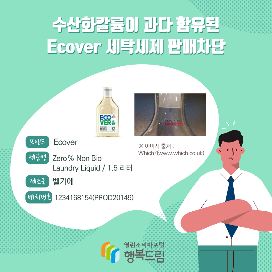 수산화칼륨이 과다 함유된 Ecover 세탁세제 판매차단 브랜드 Ecover 제품명 Zero % Non Bio Laundry Liquid / 1.5 리터 제조국 벨기에 배치번호 1234168154(PROD20149) ※ 이미지 출처 : Which?(www.which.co.uk)