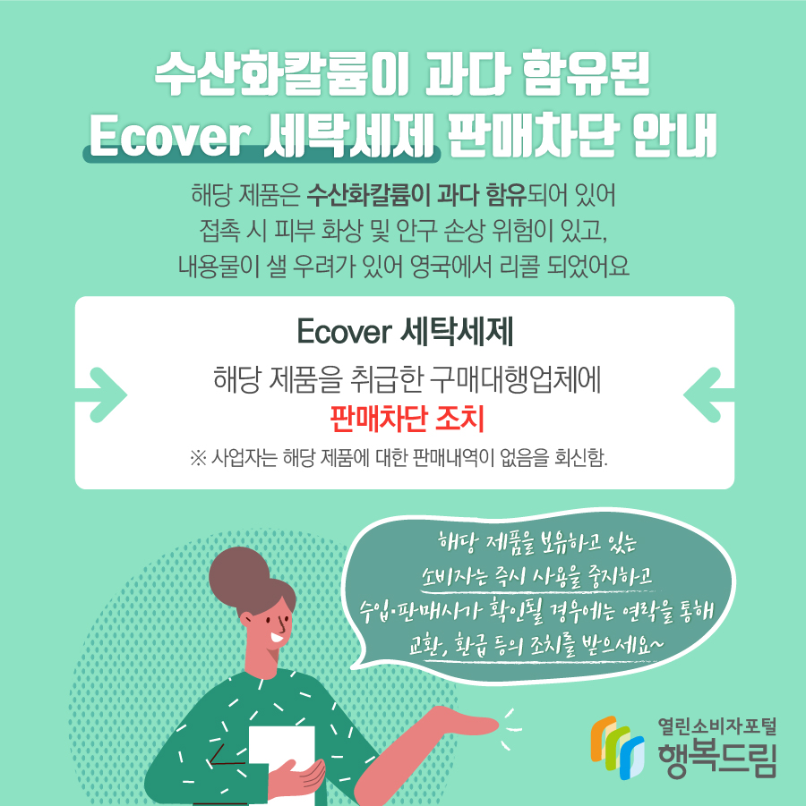 수산화칼륨이 과다 함유된 Ecover 세탁세제 판매차단 안내 해당 제품은 수산화칼륨이 과다 함유되어 있어 접촉 시 피부 화상 및 안구 손상 위험이 있고, 내용물이 샐 우려가 있어 영국에서 리콜 되었어요 Ecover 세탁세제 해당 제품을 취급한 구매대행업체에 판매차단 조치 해당 제품을 취급한 구매대행업체에 판매차단 조치해당 제품을 보유하고 있는 소비자는 즉시 사용을 중지하고 수입·판매사가 확인될 경우에는 연락을 통해 교환, 환급 등의 조치를 받으세요~