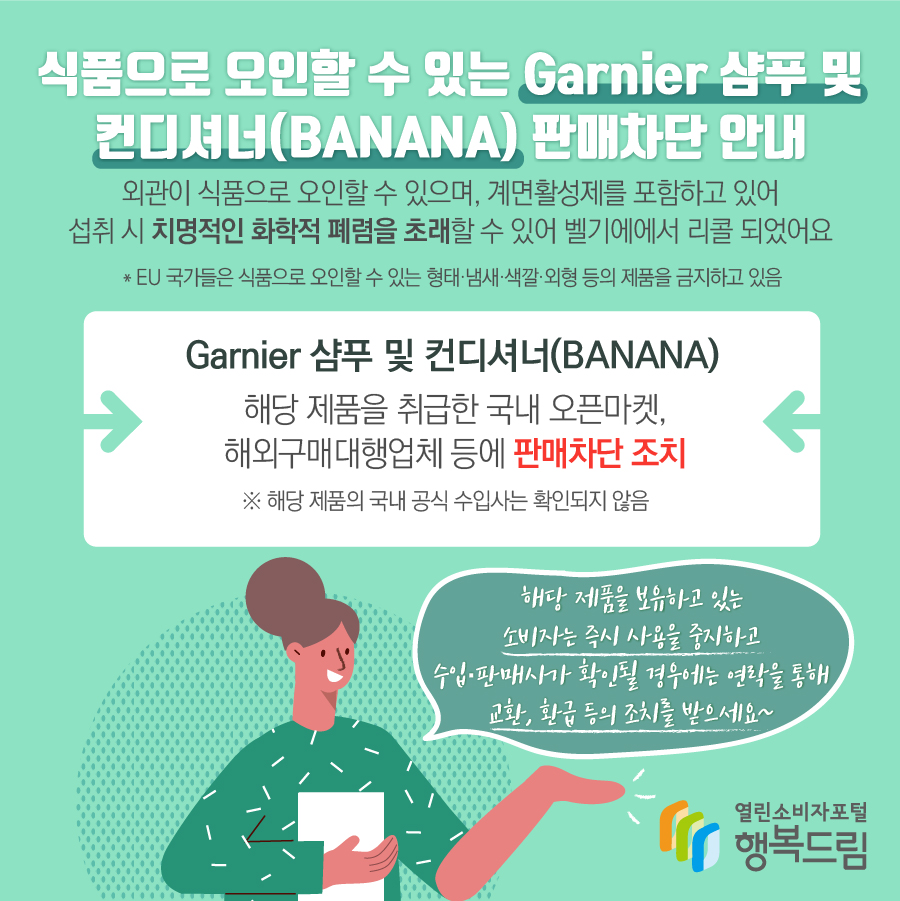 식품으로 오인할 수 있는 Garnier 샴푸 및 컨디셔너(BANANA) 판매차단 안내 외관이 식품으로 오인할 수 있으며, 계면활성제를 포함하고 있어 섭취 시 치명적인 화학적 폐렴을 초래할 수 있어 벨기에에서 리콜 되었어요 ＊EU 국가들은 식품으로 오인할 수 있는 형태·냄새·색깔·외형 등의 제품을 금지하고 있음 Garnier 샴푸 및 컨디셔너(BANANA) 해당 제품을 취급한 국내 오픈마켓, 해외구매대행업체 등에 판매차단 조치 ※ 해당 제품의 국내 공식 수입사는 확인되지 않음 해당 제품을 보유하고 있는 소비자는 즉시 사용을 중지하고 수입·판매사가 확인될 경우에는 연락을 통해 교환, 환급 등의 조치를 받으세요~