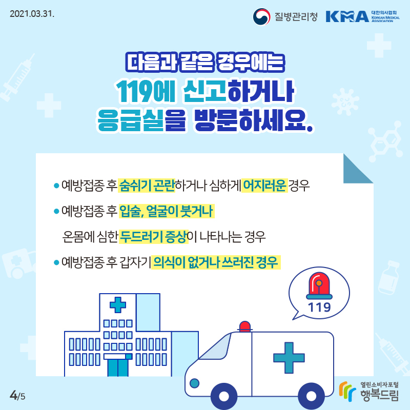 2021년 3월 31일 질병관리청 대한의사협회 다음과 같은 경우에는 119에 신고하거나 응급실을 방문하세요. 예방접종 후 숨쉬기 곤란하거나 심하게 어지러운 경우 예방접종 후 입술, 얼굴이 붓거나 온몸에 심한 두드러기 증상이 나타나는 경우 예방접종 후 갑자기 의식이 없거나 쓰러진 경우 행복드림 열린소비자포털