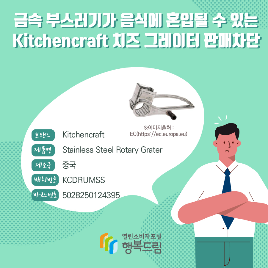 금속 부스러기가 음식에 혼입될 수 있는 Kitchencraft 치즈 그레이터 판매차단  브랜드 Kitchencraft 제품명 Stainless Steel Rotary Grater 제조국 중국 배치번호 KCDRUMSS 바코드번호 5028250124395 ※이미지출처 : EC(https://ec.europa.eu) 