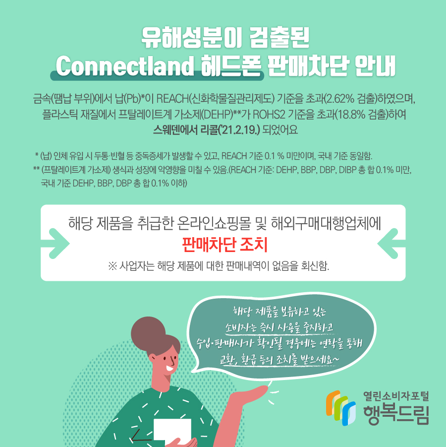 유해성분이 검출된 Connectland 헤드폰 판매차단 안내 해당 제품은 금속(땜납 부위)에서 납(Pb)*이 REACH(신화학물질관리제도) 기준을 초과(2.62% 검출)하였으며, 플라스틱 재질에서 프탈레이트계 가소제(DEHP)**가 ROHS2 기준을 초과(18.8% 검출)하여 스웨덴에서 리콜(’21.2.19.) 됨.     * (납) 인체 유입 시 두통·빈혈 등 중독증세가 발생할 수 있고, REACH 기준 0.1 % 미만이며, 국내 기준 동일함.    ** (프탈레이트계 가소제) 생식과 성장에 악영향을 미칠 수 있음.(REACH 기준: DEHP, BBP, DBP, DIBP 총 합 0.1% 미만, 국내 기준 DEHP, BBP, DBP 총 합 0.1% 이하) 기 조치 사항  - 해당 제품을 취급한 온라인쇼핑몰 및 해외구매대행업체에 판매차단 조치  ※ 사업자는 해당 제품에 대한 판매내역이 없음을 회신함.  - 해당 제품을 보유하고 있는 소비자는 즉시 사용을 중지할 것  - 수입·판매사가 확인될 경우에는 연락을 통해 교환, 환급 등의 조치를 받을 것