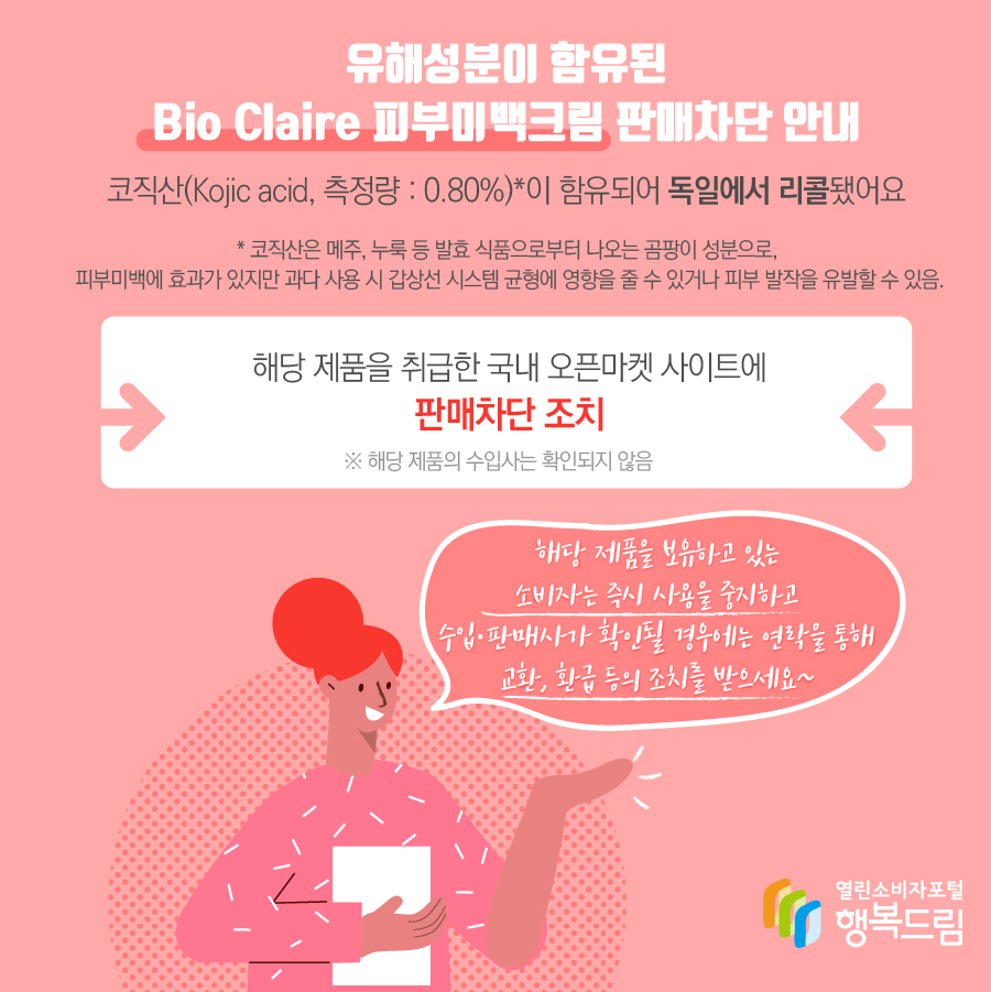 유해성분이 함유된 Bio Claire 피부미백크림 판매차단 안내 - 해당 제품은 코직산(Kojic acid, 측정량 : 0.80%)*이 함유되어 독일에서 리콜됨* 코직산은 메주, 누룩 등 발효 식품으로부터 나오는 곰팡이 성분으로, 피부미백에 효과가 있지만 과다 사용 시 갑상선 시스템 균형에 영향을 줄 수 있거나 피부 발작을 유발할 수 있음.  - 해당 제품을 취급한 국내 오픈마켓 사이트에 판매 차단 조치   ※ 해당 제품의 수입사는 확인되지 않음    - 해당 제품을 보유하고 있는 소비자는 즉시 사용을 중지할 것  - 수입·판매사가 확인될 경우에는 연락을 통해 교환, 환급 등의 조치를 받을 것