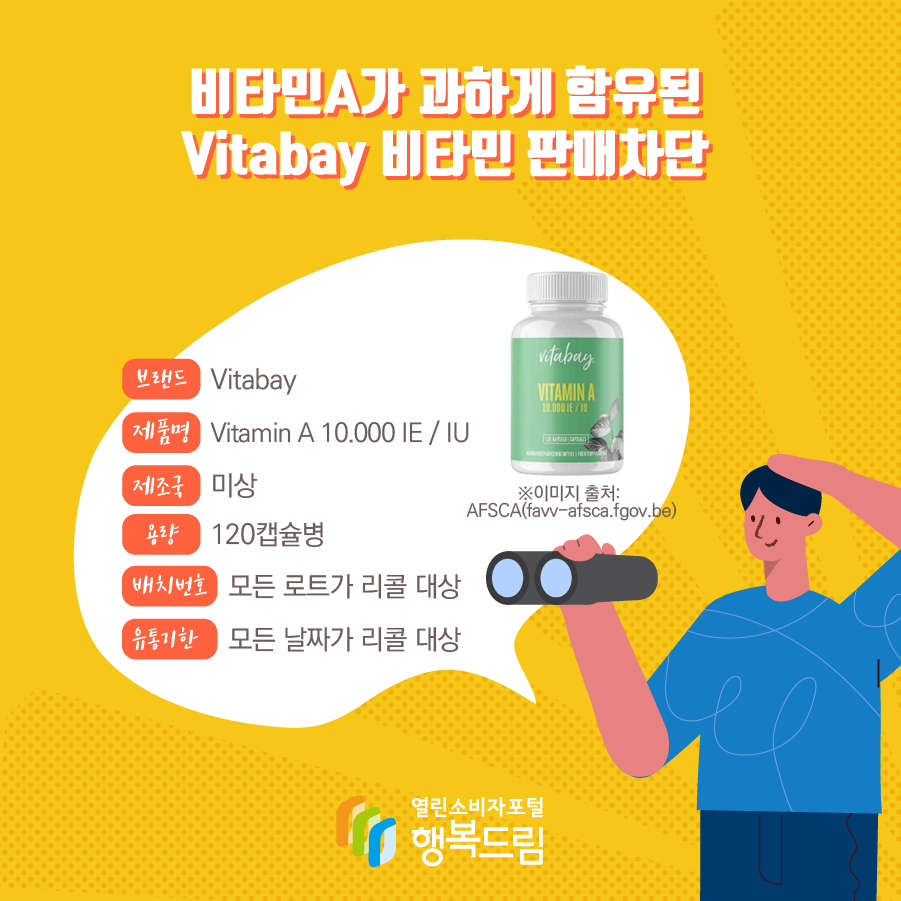 비타민A가 과하게 함유된 Vitabay 비타민 판매차단  브랜드 Vitabay    제품명 Vitamin A 10.000 IE / IU 용량 120캡슐병 배치번호 모든 로트가 리콜 대상 유통기한 모든 날짜가 리콜 대상 제조국 미상 ※이미지 출처: AFSCA(favv-afsca.fgov.be) 