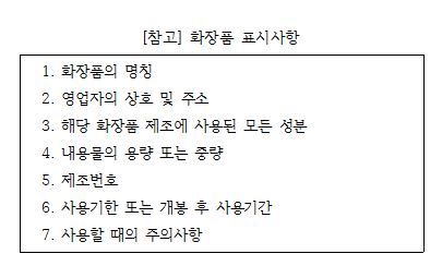 [참고] 화장품 표시사항 1. 화장품의 명칭 2. 영업자의 상호 및 주소 3. 해당 화장품 제조에 사용된 모든 성분 4. 내용물의 용량 또는 중량 5. 제조번호 6. 사용기한 또는 개봉 후 사용기간 7. 사용할 때의 주의사항