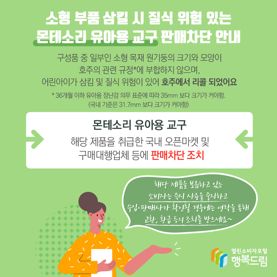 소형 부품 삼킬 시 질식 위험 있는 몬테소리 유아용 교구 판매차단 안내 구성품 중 일부인 소형 목재 원기둥의 크기와 모양이 호주의 관련 규정*에 부합하지 않으며, 어린아이가 삼킴 및 질식 위험이 있어 호주에서 리콜 되었어요 * 36개월 이하 유아용 장난감 의무 표준에 따라 35mm 보다 크기가 커야함.(국내 기준은 31.7mm 보다 크기가 커야함) 몬테소리 유아용 교구 해당 제품을 취급한 국내 오픈마켓 및 구매대행업체 등에 판매차단 조치 해당 제품을 보유하고 있는 소비자는 즉시 사용을 중지하고 수입·판매사가 확인될 경우에는 연락을 통해 교환, 환급 등의 조치를 받으세요~