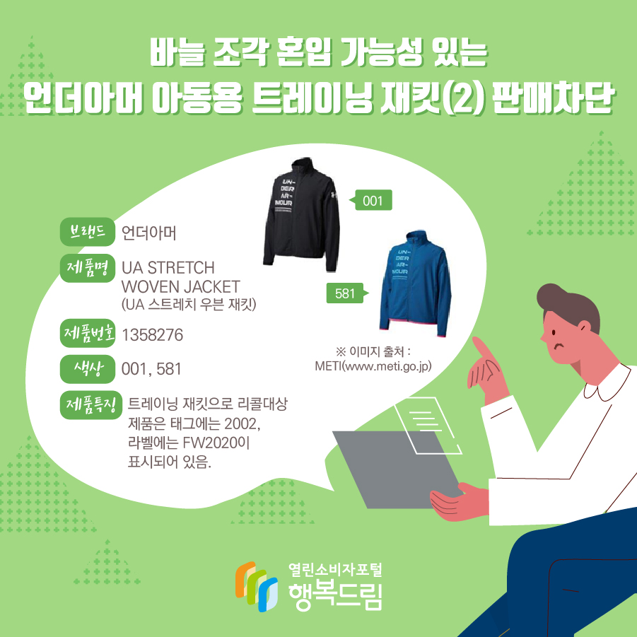바늘 조각 혼입 가능성 있는 언더아머 아동용  트레이닝 재킷(2) 판매차단 브랜드 언더아머 제품명 UA STRETCH WOVEN JACKET (UA 스트레치 우븐 재킷) 제품번호 1358276 색상 001, 581 제품특징 트레이닝 재킷으로 리콜대상 제품은 태그에는 2002, 라벨에는 FW2020이 표시되어 있음. ※ 이미지 출처 : METI(www.meti.go.jp) 
