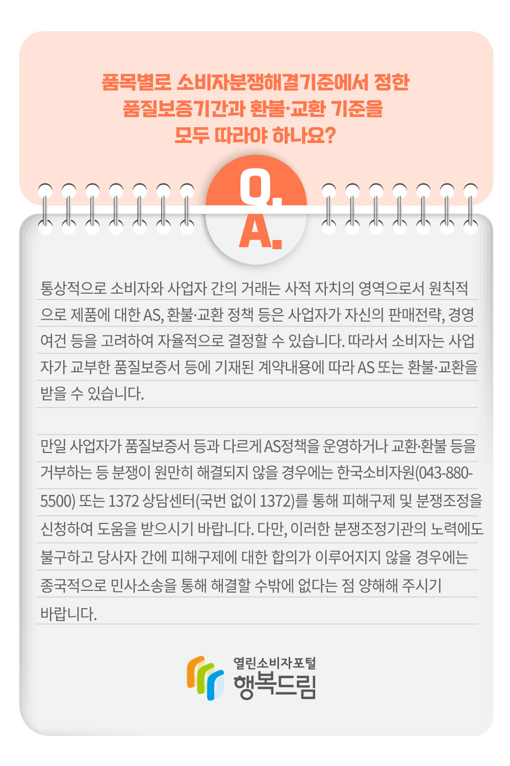 통상적으로 소비자와 사업자 간의 거래는 사적 자치의 영역으로서 원칙적으로 제품에 대한 AS, 환불 교환 정책 등은 사업자가 자신의 판매전략, 경영 여건 등을 고려하여 자율적으로 결정할 수 있습니다. 따라서 소비자는 사업자가 교부한 품질보증서 등에 기재된 계약내용에 따라 AS 또는 환불 교환을 받을 수 있습니다. 만일 사업자가 품질보증서 등과 다르게 AS정책을 운영하거나 교환 환불 등을 거부하는 등 분쟁이 원만히 해결되지 않을 경우에는 한국소비자원 또는 1372 상담센터를 통해 피해구제 및 분쟁조정을 신청하여 도움을 받으시기 바랍니다. 다만, 이러한 분쟁조정기관의 노력이도 불구하고 당사자 간에 피해구제에 대한 합의가 이루어지지 않을 경우에는 종국적으로 민사소송을 통해 해결할 수 밖에 없다는 점 양해해 주시기 바랍니다. 행복드림 열린소비자포털
