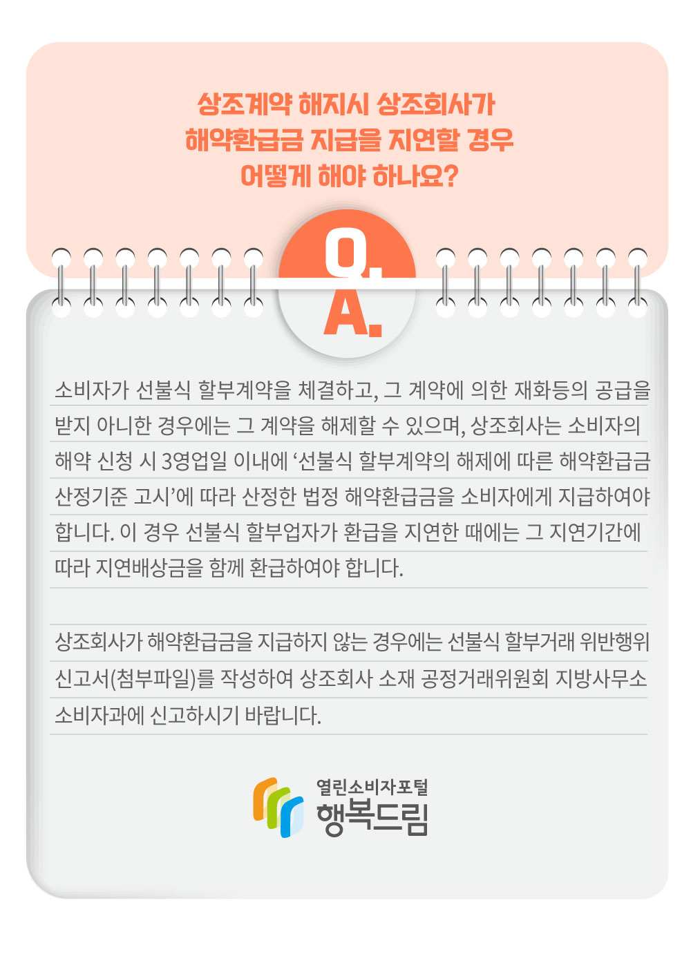 소비자가 선불식 할부계약을 체결하고, 그 계약에 의한 재화 등의 공급을 받지 아니한 경우에는 그 계약을 해제할 수 있으며, 상조회사는 소비자의 해약 신청 시 3영업일 이내에 선불식 할부계약의 해제에 따른 해약환급금 산정기준 고시에 따라 산정한 법정 해약호나급금을 소비자에게 지급하여야 합니다. 이 경우 선불식 할부업자가 환급을 지연한 때에는 그 지연기간에 따라 지연배상금을 함께 환급하여야 합니다. 상조회사가 해약환급금을 지급하지 않는 경우에는 선불식 할부거래 위반행위 신고서를 작성하여 상조회사 소재 공정거래위원회 지방사무소 소비자과에 신고하시기 바랍니다. 행복드림 열린소비자포털