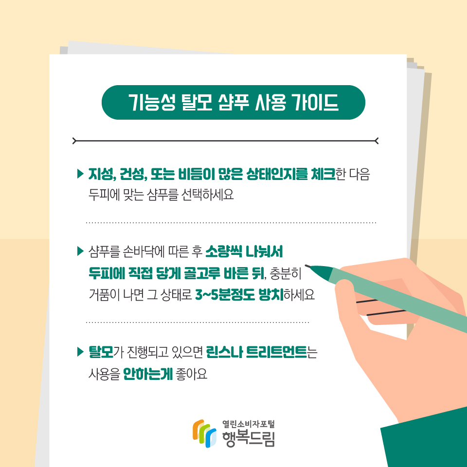 - 기능성 탈모 샴푸 사용 가이드 지성, 건성, 또는 비듬이 많은 상태인지를 체크한 다음 두피에 맞는 샴푸를 선택하세요 - 샴푸를 손바닥에 따른 후 소량씩 나눠서 두피에 직접 닿게 골고루 바른 뒤, 충분히 거품이 나면 그 상태로 3~5분정도 방치하세요 - 탈모가 진행되고 있으면 린스나 트리트먼트는 사용을 안하는게 좋아요