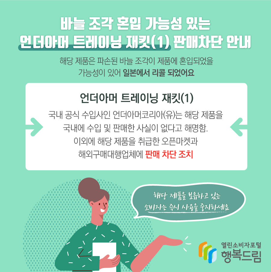 바늘 조각 혼입 가능성 있는 언더아머 트레이닝 재킷(1) 판매차단 안내 해당 제품은 파손된 바늘 조각이 제품에 혼입되었을 가능성이 있어 일본에서 리콜 되었어요 언더아머 트레이닝 재킷(1) 국내 공식 수입사인 언더아머코리아(유)는 해당 제품을 국내에 수입 및 판매한 사실이 없다고 해명함. 이외에 해당 제품을 취급한 오픈마켓과 해외구매대행업체에 판매 차단 조치 해당 제품을 보유하고 있는 소비자는 즉시 사용을 중지하세요 