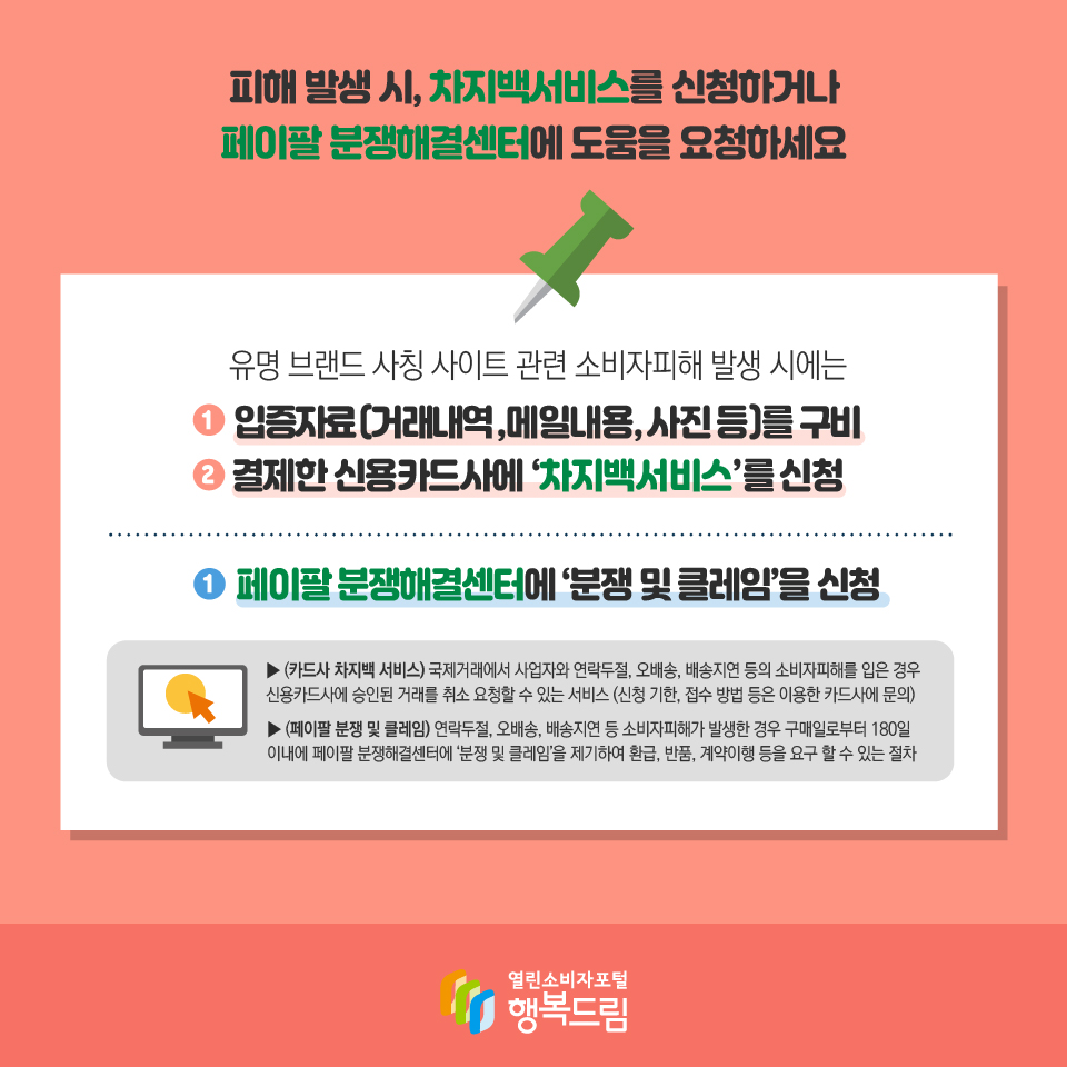 피해 발생 시, 차지백서비스를 신청하거나, 페이팔 분쟁해결센터에 도움을 요청하세요 유명 브랜드 사칭 사이트 관련 소비자피해 발생 시에는 1 입증자료(거래내역,메일내용, 사진 등)를 구비 2 결제한 신용카드사에 ‘차지백서비스’를 신청 1 페이팔 분쟁해결센터에 ‘분쟁 및 클레임’을 신청 ▶ (카드사 차지백 서비스) 국제거래에서 사업자와 연락두절, 오배송, 배송지연 등의 소비자피해를 입은 경우 신용카드사에 승인된 거래를 취소 요청할 수 있는 서비스 (신청 기한, 접수 방법 등은 이용한 카드사에 문의) ▶ (페이팔 분쟁 및 클레임) 연락두절, 오배송, 배송지연 등 소비자피해가 발생한 경우 구매일로부터 180일 이내에 페이팔 분쟁해결센터에 ‘분쟁 및 클레임’을 제기하여 환급, 반품, 계약이행 등을 요구 할 수 있는 절차