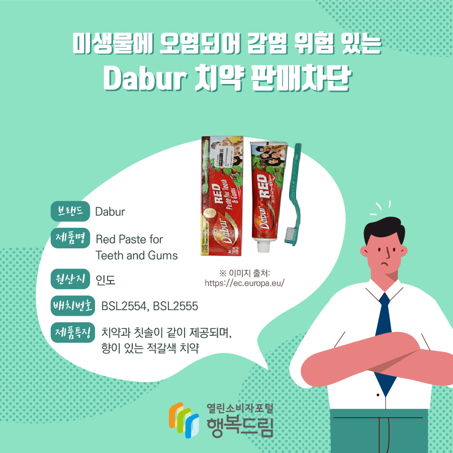  미생물에 오염되어 감염 위험 있는 Dabur 치약 판매차단 브랜드 Dabur 제품명 Red Paste for Teeth and Gums 원산지 인도 배치번호 BSL2554, BSL2555 제품특징 치약과 칫솔이 같이 제공되며, 향이 있는 적갈색 치약 ※ 이미지 출처: https://ec.europa.eu/